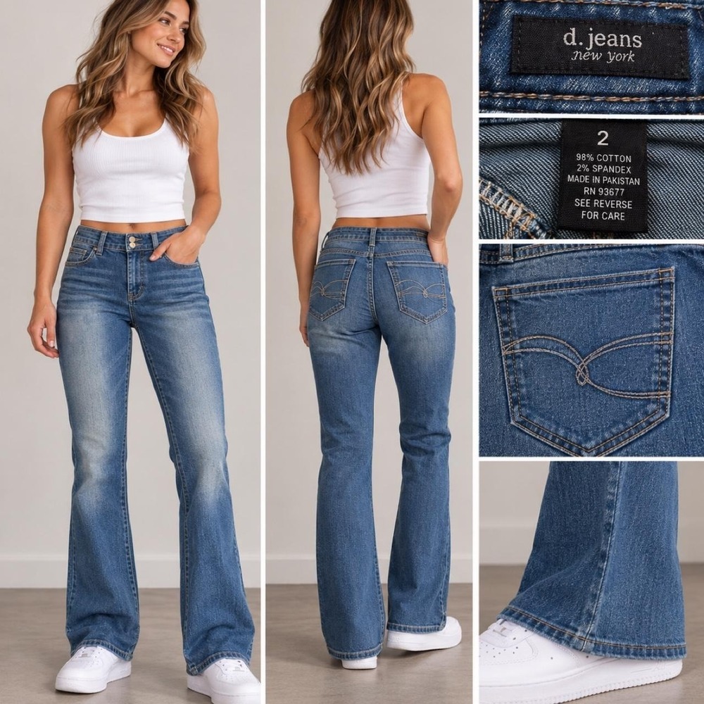 d. jeans New York Women 2 Blue Flare Leg Mid Rise Double Button Stretch Denim